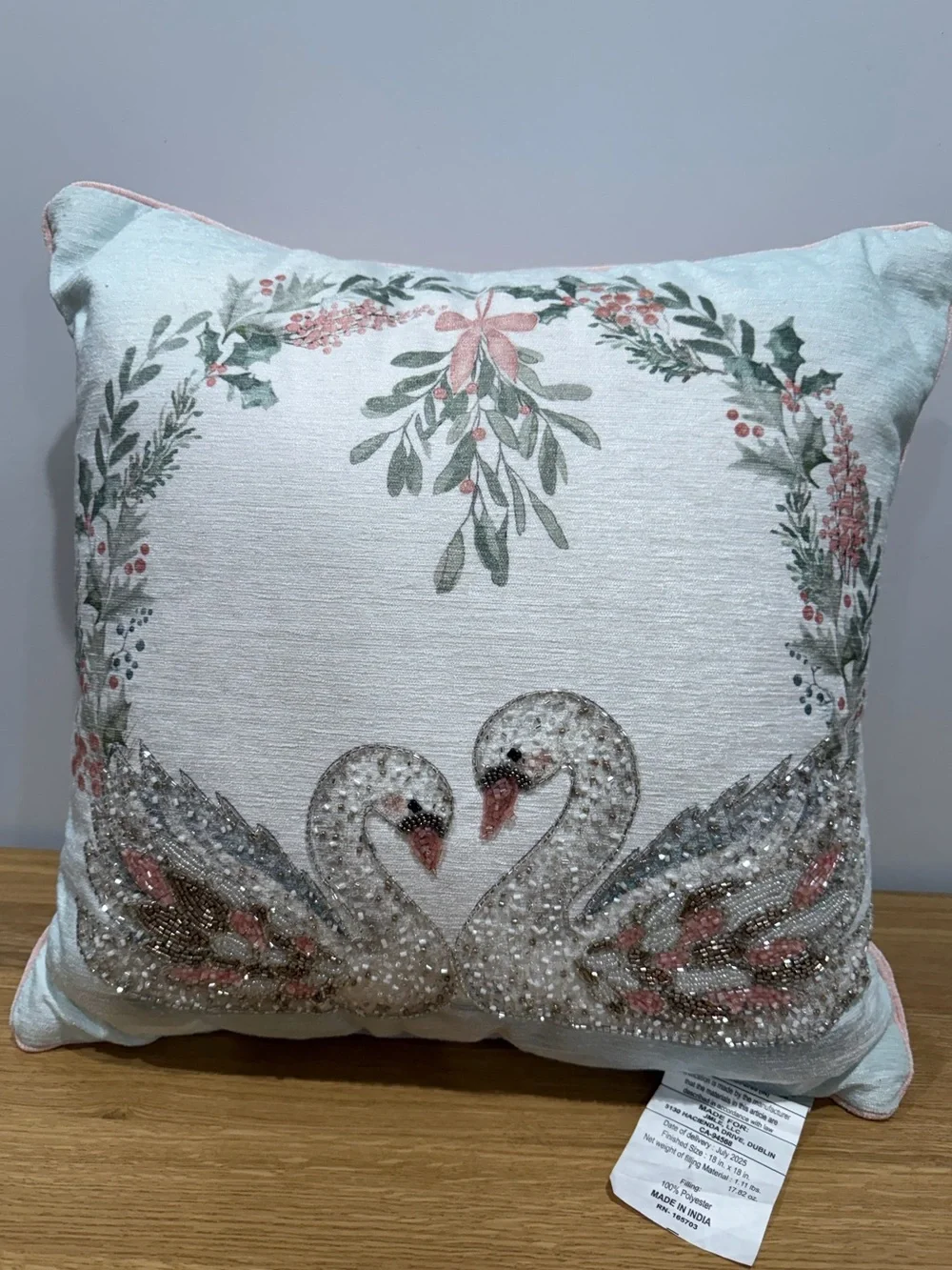 Swan Pink decorative beaded pillow NWOT